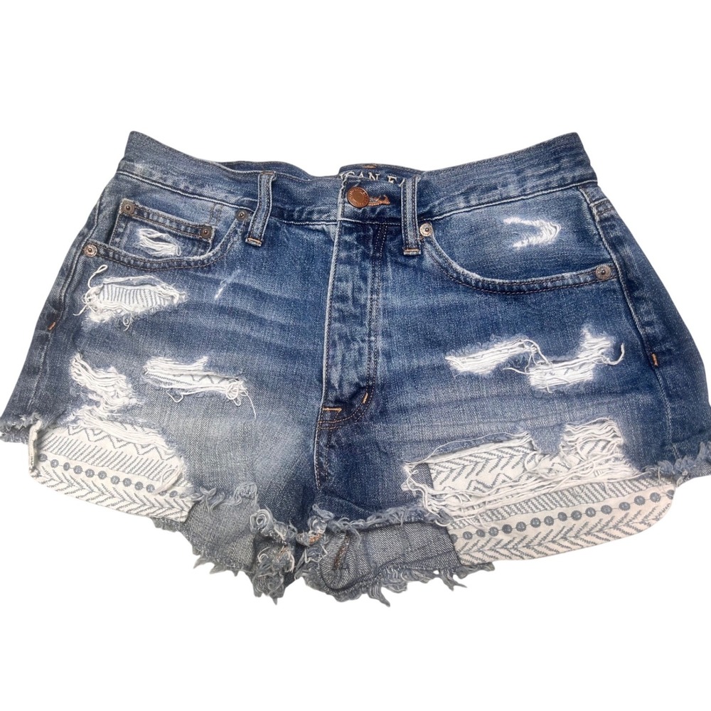 American‎ Eagle Festival Distressed Denim Shorts Blue Patterned Pockets Size 6